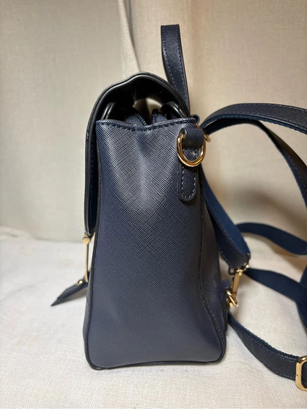 Navy Saffiano Style Convertible Backpack Crossbody Bag Gold Hardware Preppy